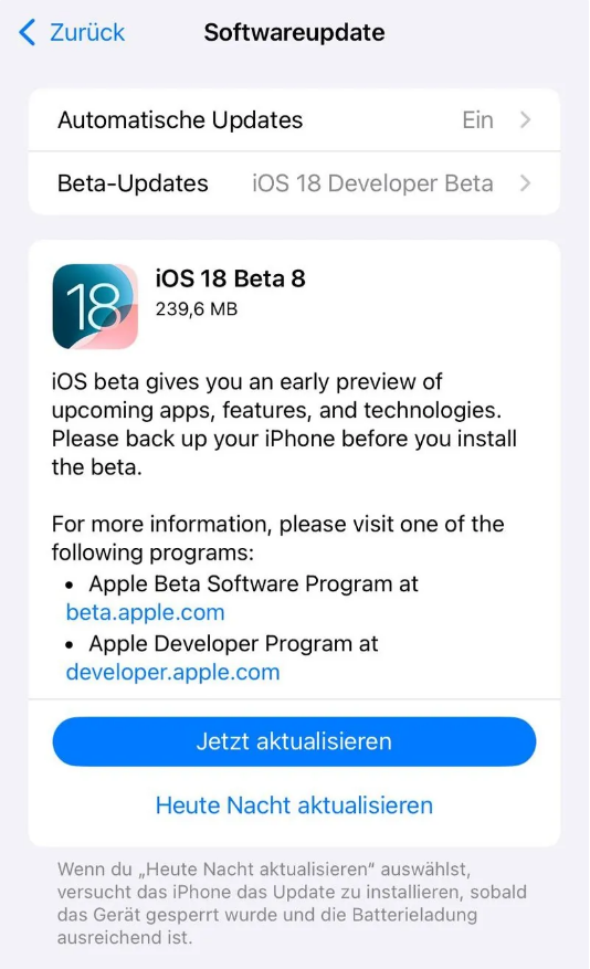 瓜州苹果手机维修分享苹果 iOS / iPadOS 18 开发者预览版 Beta 8 发布 